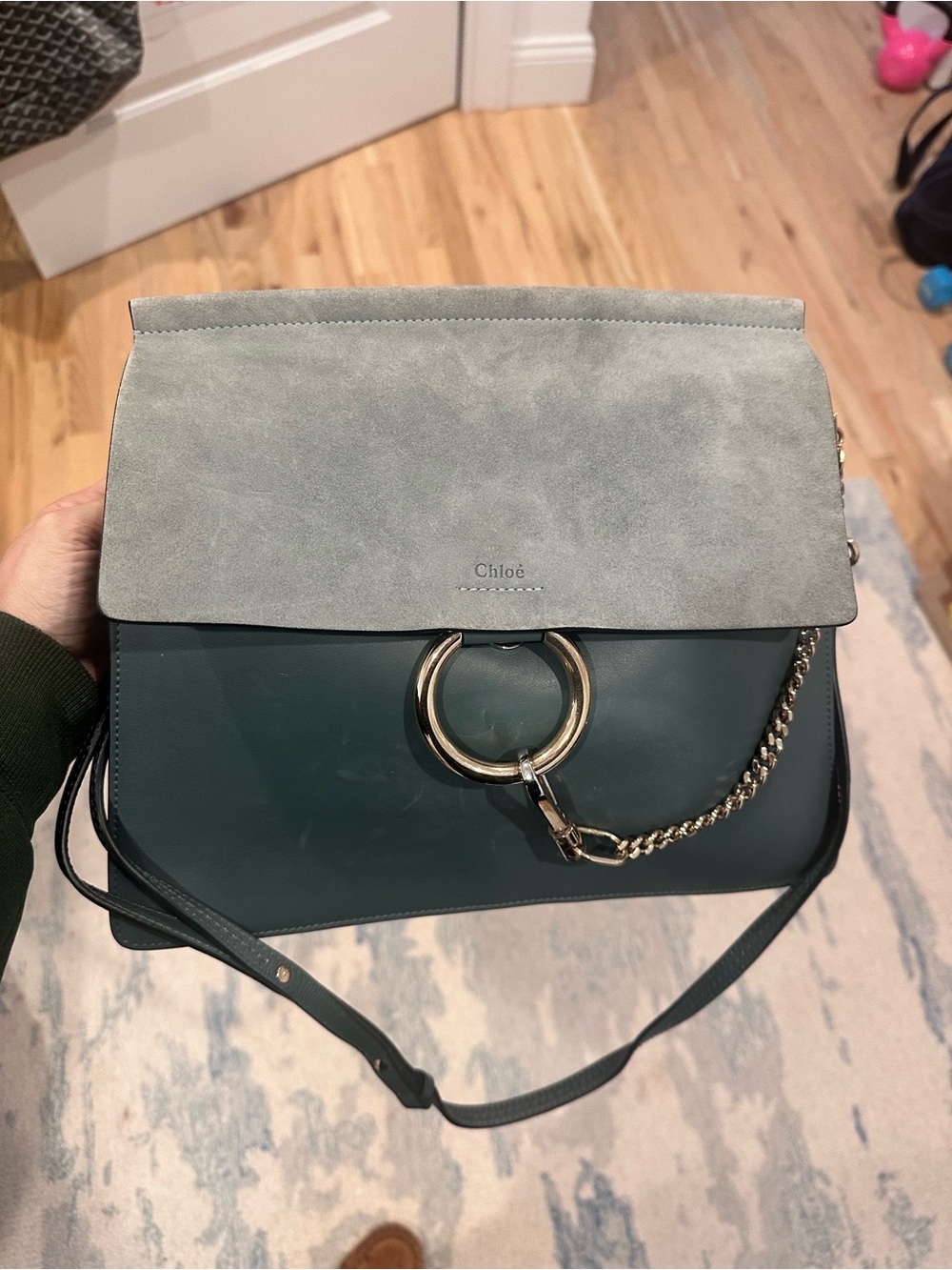 Authentic Chloé Large Faye Shoulder Bag — Teal Blue Calfskin Leather & Suede